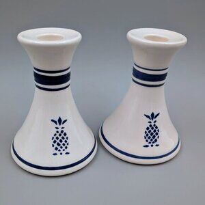 Pair of Vintage Pfaltzgraff Blue Pineapple Candlesticks in Hospitality Pattern